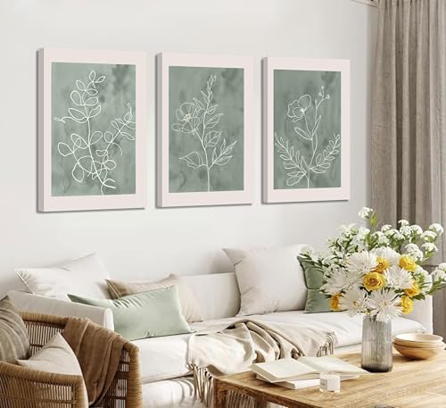 3Pcs Sage Green Botanical Wall Art Line Drawing Floral Canvas Poster Prints Modern Abstract Minimalist Picture Neutral Boho Artwork Simple Painting Wall Decor for Living Room Bedroom 12x16in Framed - color: Canvas, size: 16"L x 12"W