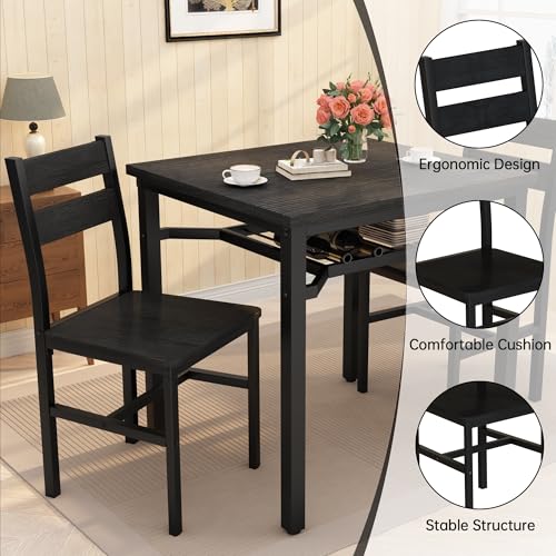 Hooseng 3 Piece Dining Table Set for 2, Small Wooden Kitchen Table with Storage, Farmhouse Square Dinette Set for Dining Room, Breakfast Nook, Apartment, Small Space - color: Black