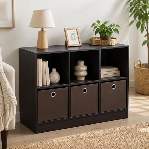 6-Cube Bookshelf with Storage Bins, Cube Bookcase, Book Shelf with Storage Bins, 11.9 x 31.6 x 23.6, for Living Room, Home Office, Dark Walnut - color: Dark Walnut, size: 6 Cube
