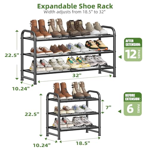 Simple Trending 3-Tier Expandable Shoe Rack, Adjustable & Stackable Shoe Organizer, Heavy Duty Metal Free Standing Shoe Shelf Storage for Closet Entryway Doorway, Black