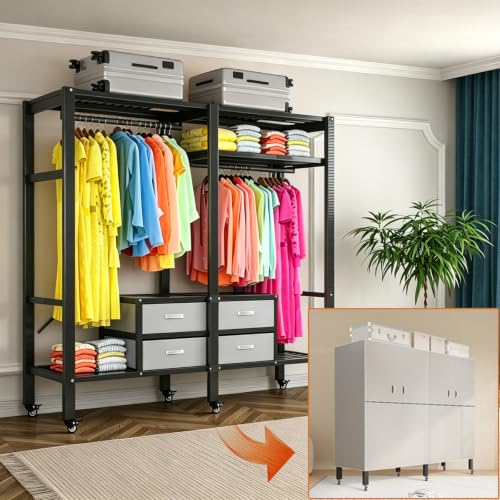 Portable Closet with Drawers Heavy Duty with Cover, KT-white L:49.2in/125cm | Foldable Portable Armoire Wardrobe Closet for Hanging Clothes Rack and Wheel, Garment Rack for Bedroom Storage - color: Kt Off-white, size: L:49.2in/125cm