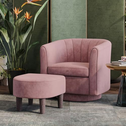 LINSY Swivel Accent Chair Ottoman Set: Velvet Small Barrel Chair with Foot Rest, Modern Reading Chair Upholstered Armchair with Footrest for Living Room Bedroom Study Room Office (Pink) - color: Pink, size: Small