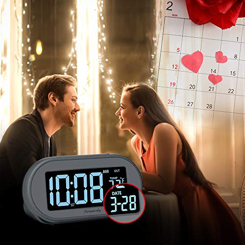 DreamSky Alarm Clocks for Bedrooms, Auto Set Digital Clock with Date & Temp | Electric Desk Clock with Dimmable Brightness Dimmer for Bedside Nightstand, Auto DST, USB Port, Temperature, Snooze - color: Gray