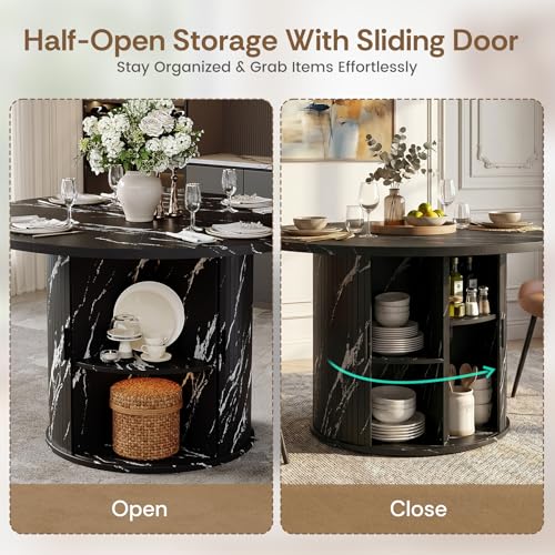 3-Piece Round Dining Table Set for 2, 47-Inch Modern Faux Marble Dining Table with Half-Open Storage Shelf, Upholstered Dining Chairs with Thick Cushions (Black Faux Marble Table + 2 Brown Chairs) - color: Black Faux Marble Table + 2 Brown Chairs-196, siz