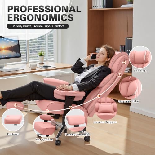 BestGlory Office Desk Chair, Big and Tall Leather Gaming Chair with Footrest, Ergonomic Comfy Executive High-Back Reclining Computer Chairs, Wide Swivel Rolling Wheels and Padded Lumbar Support, Pink - color: Pink, style: 3 Position Reclining