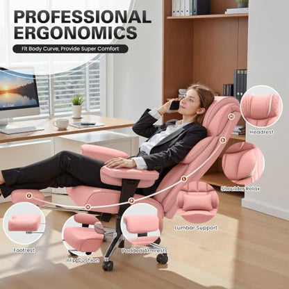 BestGlory Office Desk Chair, Big and Tall Leather Gaming Chair with Footrest, Ergonomic Comfy Executive High-Back Reclining Computer Chairs, Wide Swivel Rolling Wheels and Padded Lumbar Support, Pink - color: Pink, style: 3 Position Reclining
