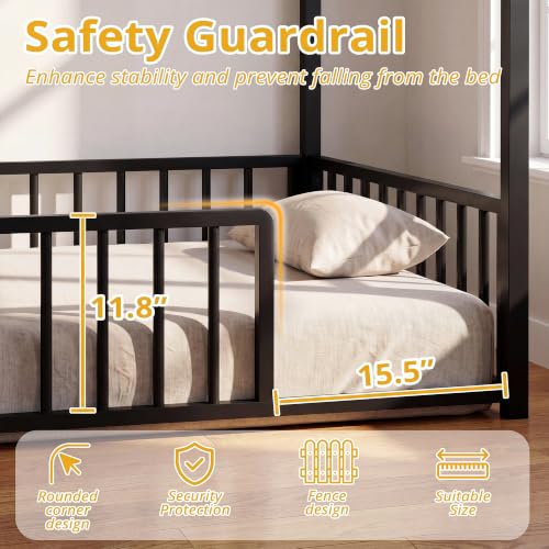 IRONCK Twin Floor Bed Frame with Fence Guardrails and Roof, Black | Metal House Bed with Hanging Mesh, No Box Spring Needed, Easy Assembly, Anti-tipping Device - color: Black
