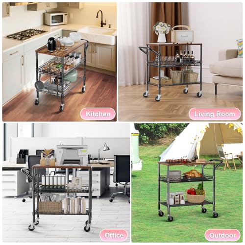 3 Tier Rolling Carts with Wheels, Heavy Duty Rolling Utility Cart with Wood Tabletop, Commercial Grade Metal Cart with Handle and Hooks, NSF Storage Serving Carts for Kitchen Island, Wood+Metal - color: Wood+metal-3 Tier