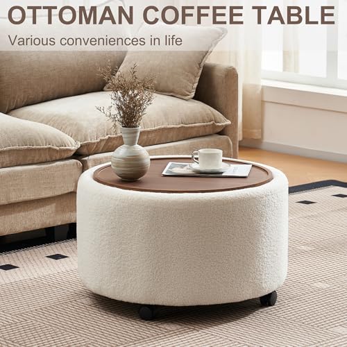 28 Inch Round Storage Ottoman with Wheels Set of 2, Multifunctional Coffee Table Ottoman with Removable Solid Wood Lid, Modern Circle Ottoman Foot Rest for Living Room, Bedroom, Beige - color: Beige