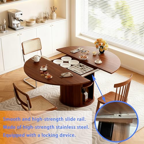 Wildhome Extendable Round Dining Table for 2-4-6, 59 Inch Dining Room Kitchen Table with 2-Tier Storage Shelf, Modern Farmhouse Fluted Wood Slide Door Dinner Furniture,Oval Circle,Walnut-59 Inch - color: Walnut-59 Inch