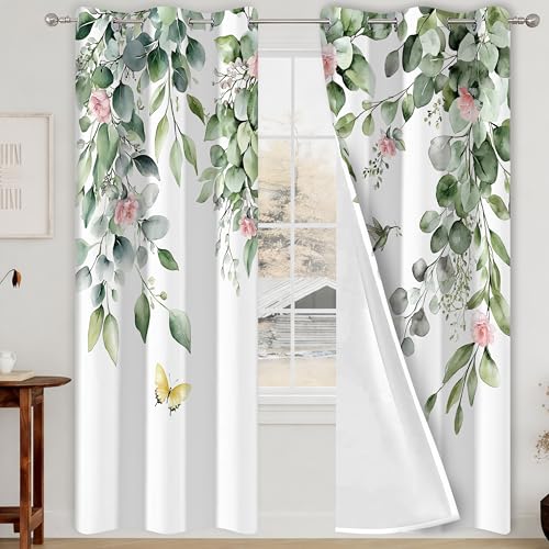 Green Botanical Eucalyptus Blackout Curtains, 2 Panels 42x84 Inch | Green Leaves and Pink Flower Butterfly Bird Design Nature Plant Botanical Room Darkening Curtains for Bedroom - color: Pink, size: 42"W x 84"L (Pack of 2)