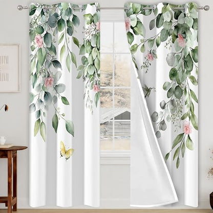 Green Botanical Eucalyptus Blackout Curtains, 2 Panels 42x84 Inch | Green Leaves and Pink Flower Butterfly Bird Design Nature Plant Botanical Room Darkening Curtains for Bedroom - color: Pink, size: 42"W x 84"L (Pack of 2)