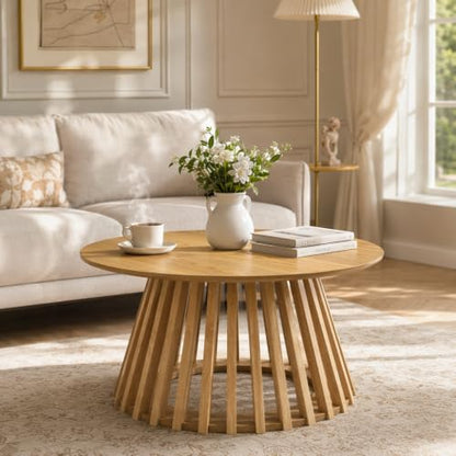 HNY Natural Round Coffee Table, Wood 31.5" Center Table for Living Room | Modern Mid Century Circle Coffee Table with Fluted Base for Outdoor Patio, Home Small Space, Bedroom, Apartment, Studio - color: Natural