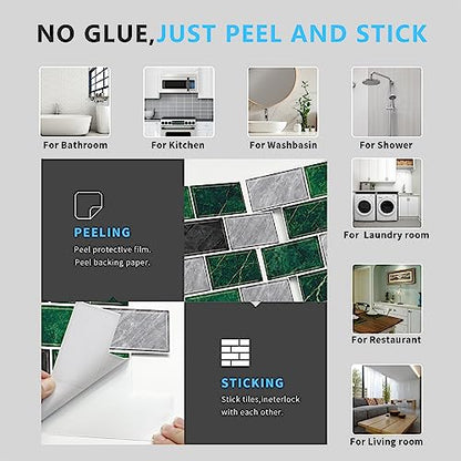 URCOLOR 10-Sheet Peel and Stick Backsplash Tile for Kitchen,12"x12" Self Adhesive Wall Tiles Stick on Back Splashes for Bathroom Green Marble Look - color: Green
