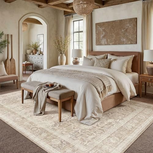 Beige Washable 6x9 Area Rugs for Living Room Bedroom | Vintage Rug Distressed, Neutral, Dining Room, Farmhouse, Indoor Carpet, Durable Soft, Non Slip & Shedding, Low Pile - color: Retro | Beige, size: 6' x 9' (Rectangular)