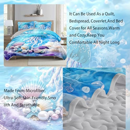 AILONEN Cartoon Blue Jellyfish Quilt Bedding Sets Full Size, Girls Ocean Shell Pearl Theme Quilt Set Printed - 3 Pieces,Underwater World Bedspread Coverlet Set Soft Microfiber Quilt & 2 Pillowcases - color: Jellyfish44, size: Full