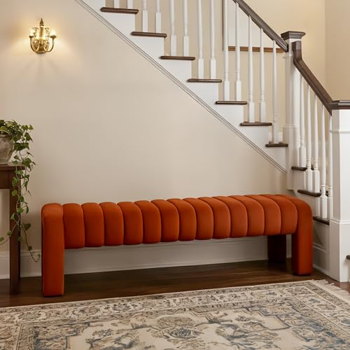 63" Bedroom Bench, Upholstered Entryway Bench, Modern End of Bed Ottoman with Solid Wood Legs and Adjustable Foot Pegs for Entryway, Dining Room and Living Room (Rust Velvet) - color: Rust Velvet, size: 63"