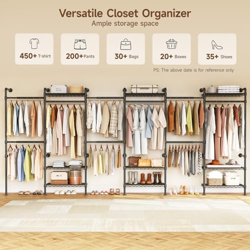 H6 Wall Mounted Closet System, Industrial Pipe Clothes Rack, Black | Metal Clothing Rack with 6 Telescopic Rods & 3 Fixing Rods & 9 Shelves, Heavy Duty Closet Organizers and Storage in Wardrobe - color: Black