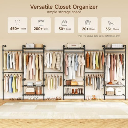 H6 Wall Mounted Closet System, Industrial Pipe Clothes Rack, Black | Metal Clothing Rack with 6 Telescopic Rods & 3 Fixing Rods & 9 Shelves, Heavy Duty Closet Organizers and Storage in Wardrobe - color: Black