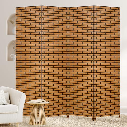 BLKMTY Room Divider, 6ft Folding Privacy Screens, Wall Divider Portable Room Seperating Freestanding Wood Screen, 4 Panels Hand-Woven Design Screen Double Hinged Dividers for Bedroom, Brick - color: Brick