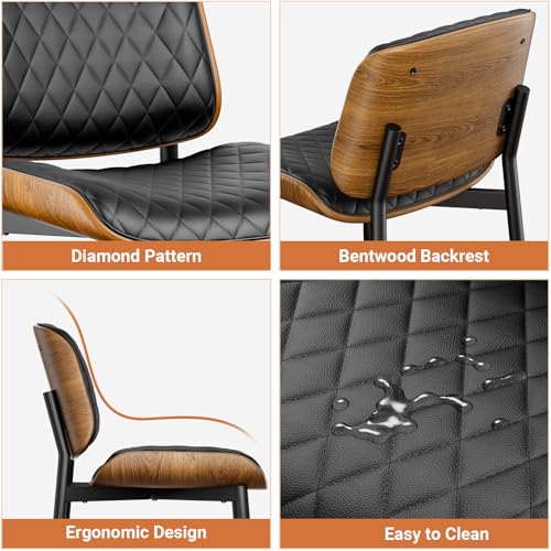YaFiti Mid Century Upholstered PU Leather Dining Chairs Set of 2, Black | Ergonomic Walnut Backrest, Upholstered Waterproof PU Leather Seat, Stable Metal Legs, Adjustable Footpads, Apartment Friendly - color: Black Lozenge