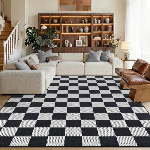GarveeHome Checkered Black and White 6x9 Washable Rug Low-Pile for Bedroom | Non-Slip Black and White Soft Stain Resistant Rug for Bedroom Bathroom Living Room Geometric Modern Rug TPE Backing - color: Dark, size: 6' x 9' (Rectangular)