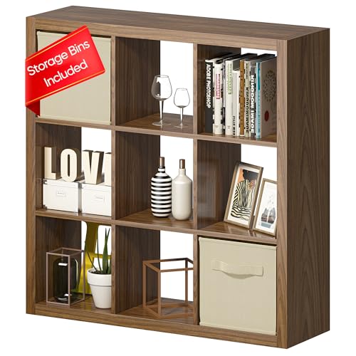 Bookshelf with Storage Bins, 9-Cube Storage Organizer Sturdy Wooden Bookcase Open Book Shelf, Multifunctional Cubicle Rack for Storage & Display, Furniture for Living Room Bedroom Office, Classic Oak - color: Classic Oak, size: 9 cube