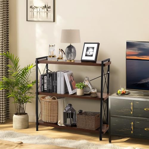 CROWNFURN 3 Tier Bookshelf 35.43" Width, Rustic Open 3 Shelf Short Bookcase with Metal Frame, Industrial Book Shelf for Home Office Bedroom Living Room (Rustic Brown)