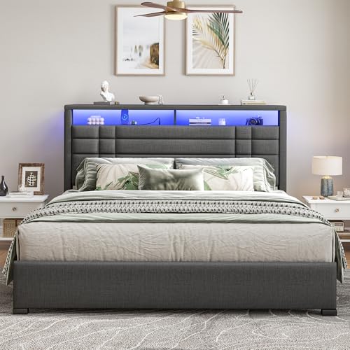 EnHomee Queen Upholstered Bed Frame with Charge Station & LED Lights, Grey | 2-Tier Shelves Headboard, 12" Under-Bed Storage Space, Noise-Free, No Box Spring Needed, Easy Assembly - color: Grey, size: Queen (U.S. Standard)
