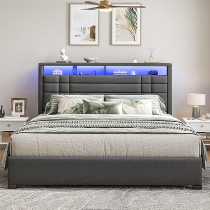 EnHomee Queen Upholstered Bed Frame with Charge Station & LED Lights, Grey | 2-Tier Shelves Headboard, 12" Under-Bed Storage Space, Noise-Free, No Box Spring Needed, Easy Assembly - color: Grey, size: Queen (U.S. Standard)