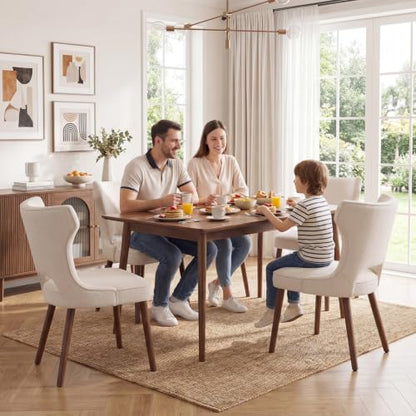 Wooden Dining Chairs Set of 4, Mid Century Dining Room Chairs with Solid Wood Legs, Upholstered Fabric Kitchen Chairs with Ergonomic Curved Backrest for Kitchen Dining Room, Beige - color: Beige, size: Set of 4