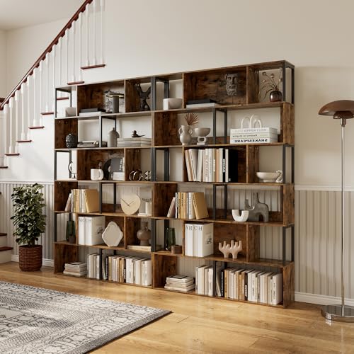 IDEALHOUSE 6-Tier Bookshelf, Tall Geometric Bookcase, Modern Room Divider & Display Shelf with Anti-Tipping Devices, Mid Century Bookshelf for Living Room - color: Brown