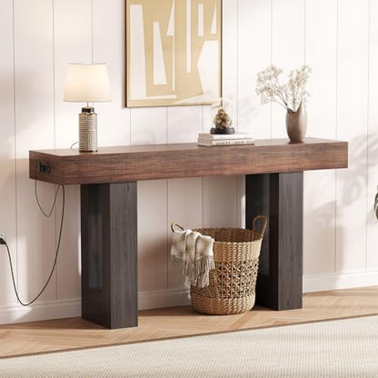 IDEALHOUSE 63" Entryway Table with Power Outlet, Console Table for Entryway | Rustic Brown, Wooden Sofa Table, Narrow Hallway Foyer Table for Entryway, Hallway, Living Room - color: Rustic Brown & Grey