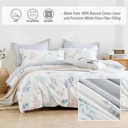 LEMIROE White Gray Whimsical Botanical Cotton Comforter Set Queen Size 3PC | Pastel Leaf Print & Light Gray Grid Reversible Design, Down Alternative Fill, Cotton Shell, Lightweight Queen Comforter Set - color: Botanical Serenity - White & Gray Grid, size:
