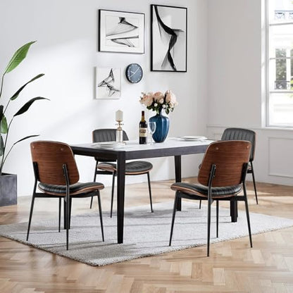 LUNLING Dining Chairs Set of 4 Mid Century Modern Retro Faux Leather Chair with Walnut Bentwood Upholstered Seat Metal Legs Chairs,Adjustable Foot for Kitchen Dining Room Chairs(Black) - color: Black, size: Set of 4