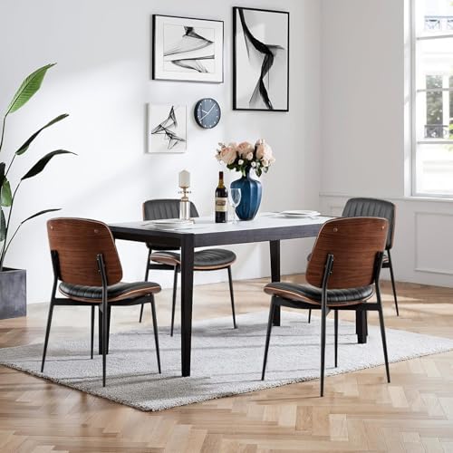 LUNLING Dining Chairs Set of 4 Mid Century Modern Retro Faux Leather Chair with Walnut Bentwood Upholstered Seat Metal Legs Chairs,Adjustable Foot for Kitchen Dining Room Chairs(Black) - color: Black, size: Set of 4