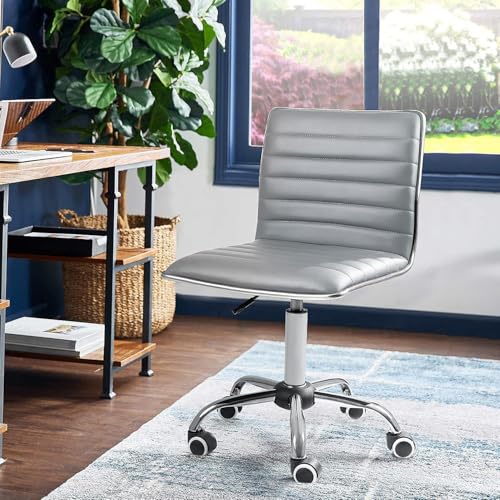 JUMMICO Armless Vanity Office Chair with Wheels, Small Cute Makeup Desk Chair Ribbed Leather Swivel Computer Task Chair (Light Gray) - color: Light Gray