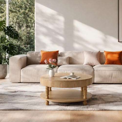 Round Flip Top Solid Wood Coffee Table with Space-Saving Hidden Storage | 31.5"Mid Century Modern End Table Bedroom, Adjustable Silent Footpads,Sturdy Holds up to 100 lbs,Classic 2-Tier Design - color: Nature Wood