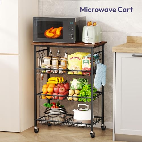 SWTYMIKI 24.4''x15.7'' Rolling Microwave Cart - 4 Tier Microwave Table Stand with 6 Storage Baskets, Coffee Bar with Wheels, Kitchen Utility Cart Shelf Rack Organizer for Vegetables, Potato, Brown - color: Brown