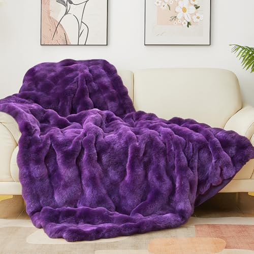 Latepis Faux Fur Twin Purple Blanket Plush 60x80 Inch Cute Fluffy Warm Bubble Blankets for Couch Bedroom Soft Blankets for All Seasons Cozy Blanket for Woman Gift, 860GSM - color: Purple, size: Twin-60''*80''