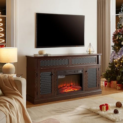 Fireplace TV Stand 58 in with 23 inch Electric Fireplace Insert, Wood Entertainment Center for TV up to 65 inch, Rustic Media Console with Embossed Sliding Doors and Cable Management, Dark Cherry - color: Cherry-d