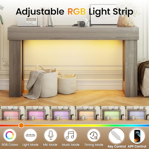 Apicizon 63" Long Console Table for Entryway with LED Light, Farmhouse Wooden Sofa Table Behind Couch, Narrow Entry Way Table for Living Room, Hallway, Entrance, Foyer, Grey - color: Grey