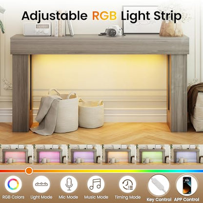 Apicizon 63" Long Console Table for Entryway with LED Light, Farmhouse Wooden Sofa Table Behind Couch, Narrow Entry Way Table for Living Room, Hallway, Entrance, Foyer, Grey - color: Grey