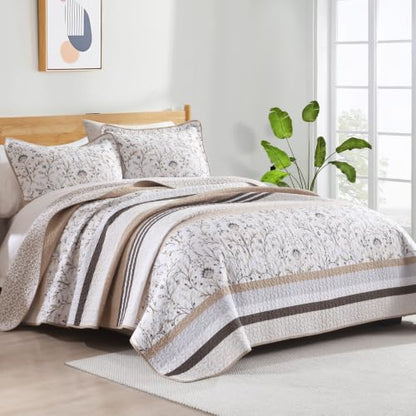100% Cotton Quilt Set Queen Size - Reversible Botanical Quilted Comforter, Queen Quilt Bedspread, Lightweight Bedding, 3pcs, Brown/Beige - color: Brown/Beige, size: Queen(90"x98")