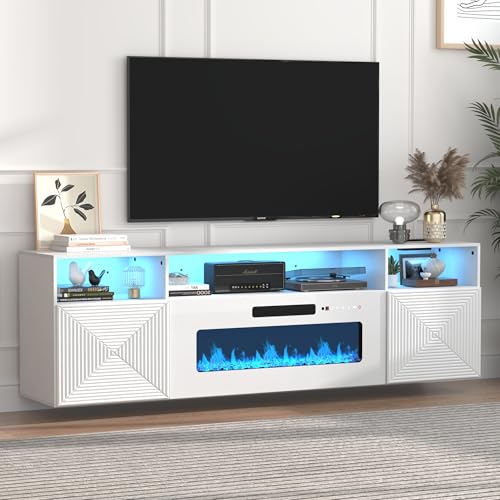 71" Floating TV Stand with 36" Electric Fireplace, Wall Mounted Fireplace Entertainment Center with LED Lights, Mid Century Modern Media Console for TVs Up to 80", White - color: White, size: With Fireplace