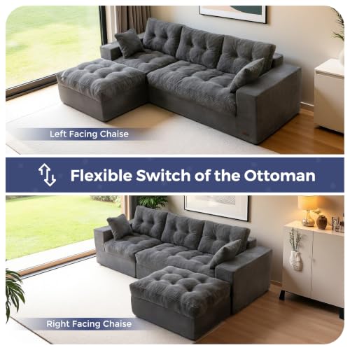MAXYOYO Boneless Couch, 96-Inch L-Shaped Cloud Couch with Ottoman | Dark Grey Layered Cushion and Flexible Modules Create an Upholstered Sofa in a Box, No Assembly for Spacious Living Rooms. - color: Dark Grey, size: 96" L Shape