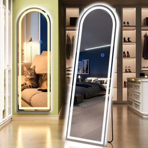 Arch Full Length Standing Mirror with LED Lights, 63"x20" Lighted Mirror with Dimming & 3 Color Lighting, Tall Mirror Full Body for Bedroom, Dressing Room - color: Arched, size: 63"L x 20"W
