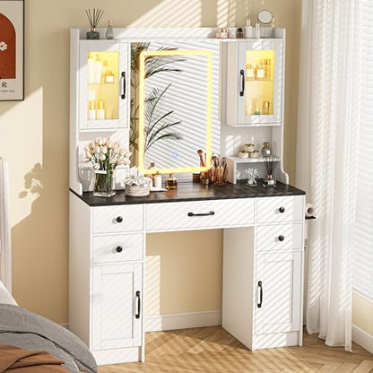 Vanity Desk with Mirror and LED Lights & Power Outlet | Large Makeup Vanity Table with 5 Drawers and 4 Storage Cabinets, White Dressing Table for Bedroom - size: 044 Pure White