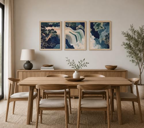 3Pcs Framed Canvas Murals Japanese Modern Landscape Blue-Green Mountain And Water Abstract Nature Posters Art Gallery Living Room Office Home Wall 16x24 Inches Ready To Hang - color: Japanese-1, size: 16x24 Inch