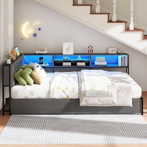 Corner Bed Frame Twin Size with Storage Bookcase and Upholstered Headboard | Metal Platform Bed Frame with 2 Storage Drawers, Built-in LED lights and Charging Station, Metal Slats Support, Dark Gray - color: Dark Gray, size: Twin